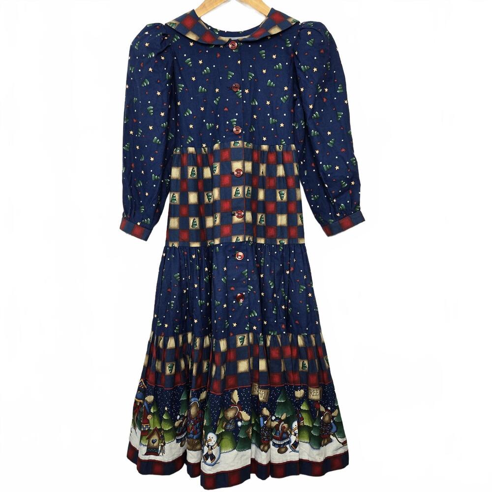 Daisy Kingdom Dress Northwoods Button Down Collared Tie Waist Puff Long Sleeve